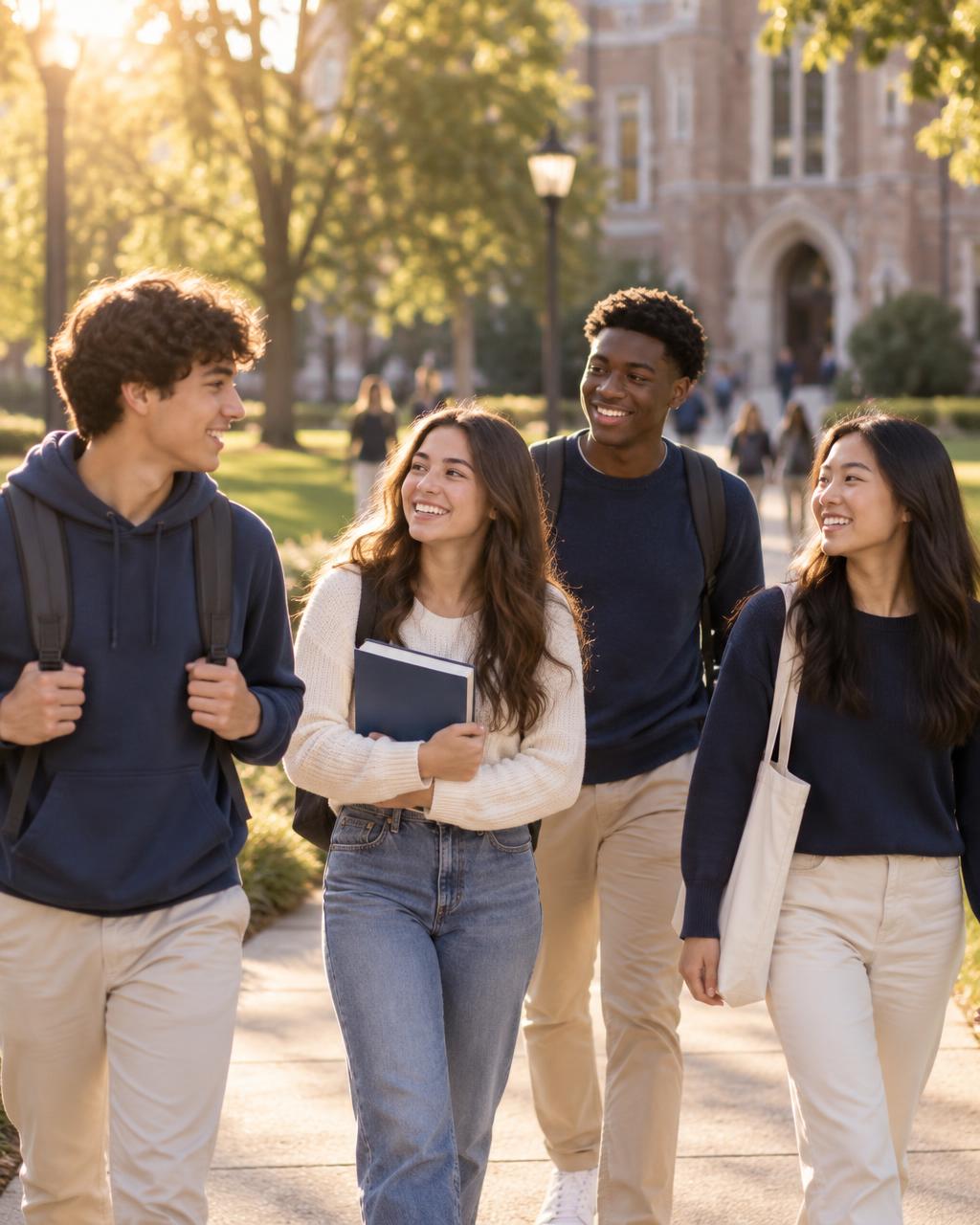 Diverse students walking together across a sunlit college campus